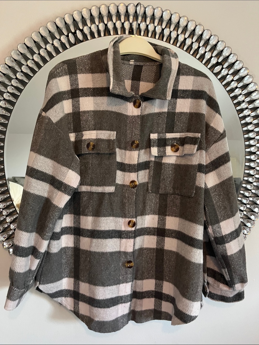 Plaid Shacket Jacket in Gray and Light Pink